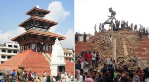 Nella combo le rovine di un edificio di Durbar Square a Kathmandu distrutto dal terremonto del 25 aprile 2015 e (a sinistra) lo stesso edificio, integro, come appariva prima del sisma. ANSA/